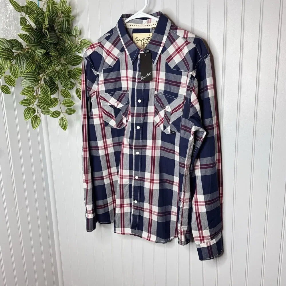 Coastal Men Sz L Button Up Shirt Large Red Navy Plaid Flannel Long Sleeve Collar